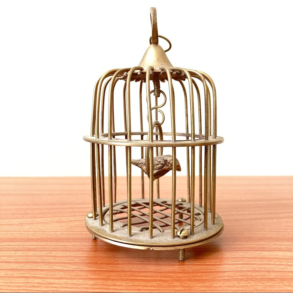 Vintage Brass Bird in Birdcage Figurine